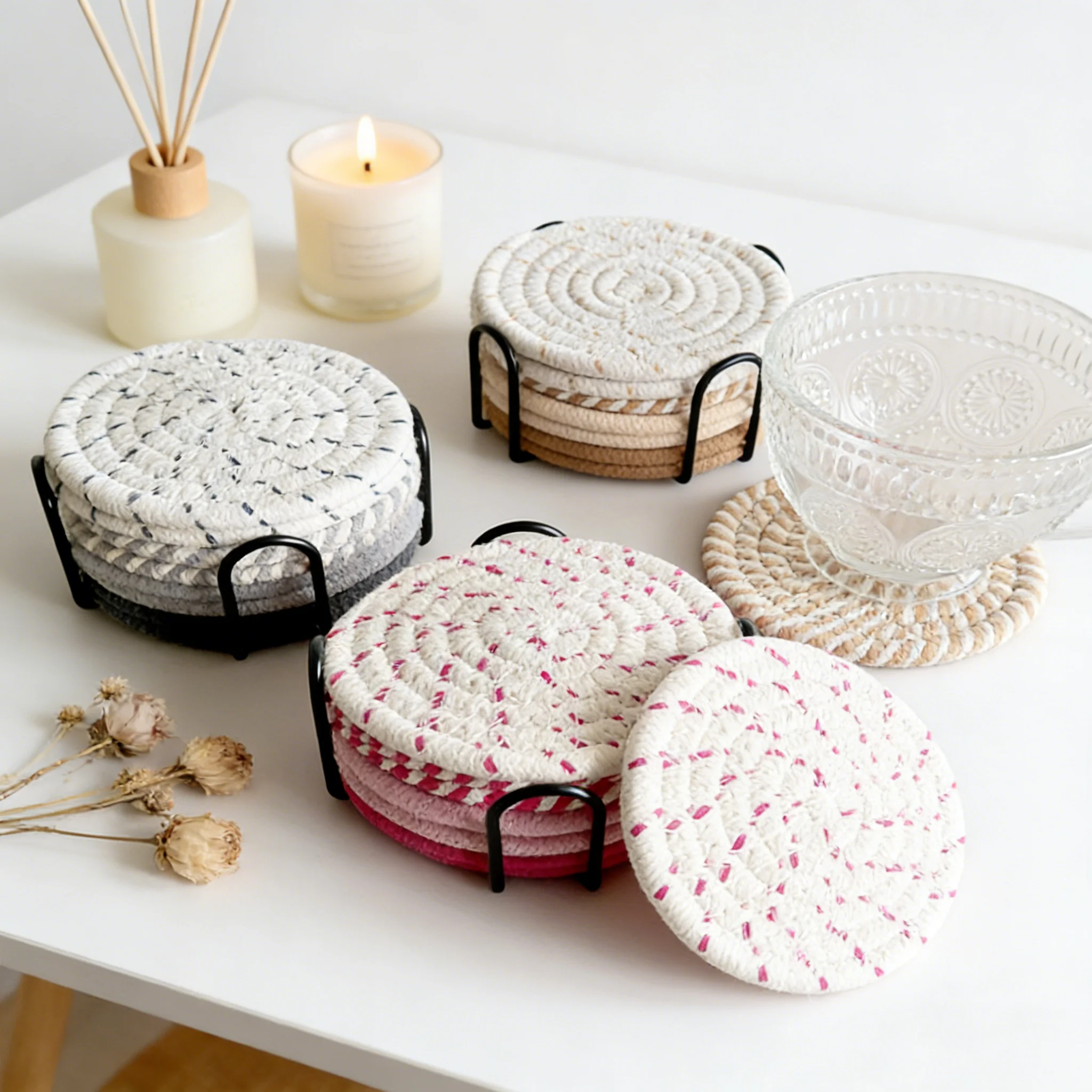 Handmade Woven Rope Coaster Set of 8,Absorbent Heat Resistant Cup Mats,Multi-color Round Drink Coasters for Kitchen/Living Room
