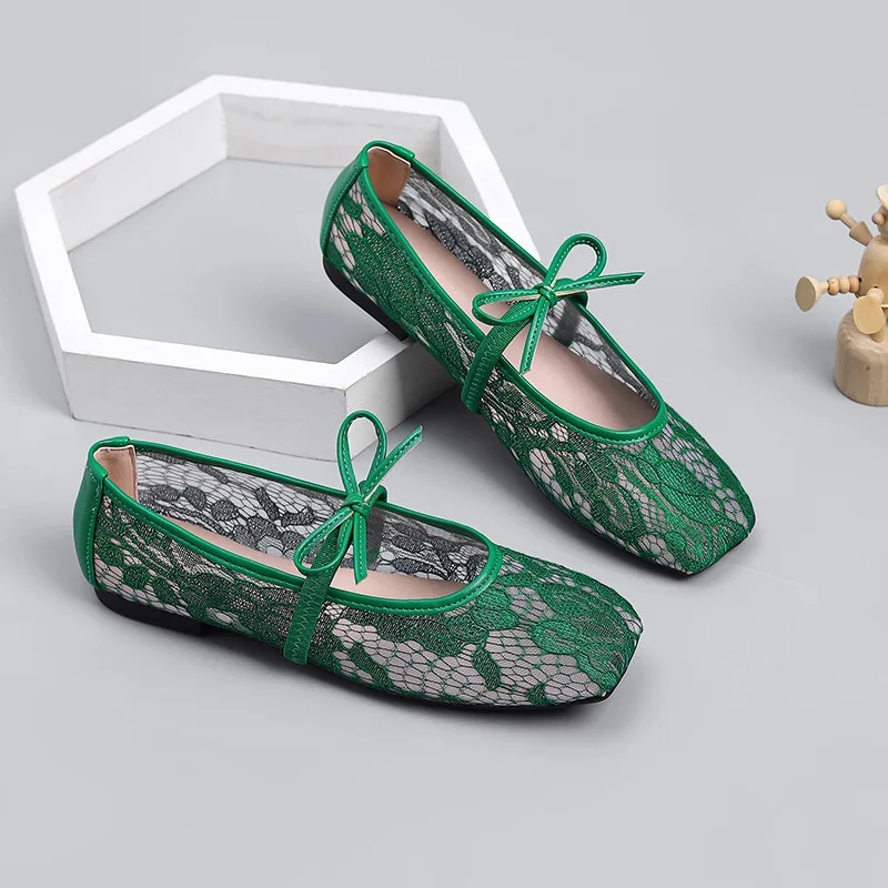 

Модные дышащие удобные балетки с кружевной сеткой на плоской подошве, новые летние женские туфли Мэри Джейн на низком каблуке с бантом в сказочном стиле