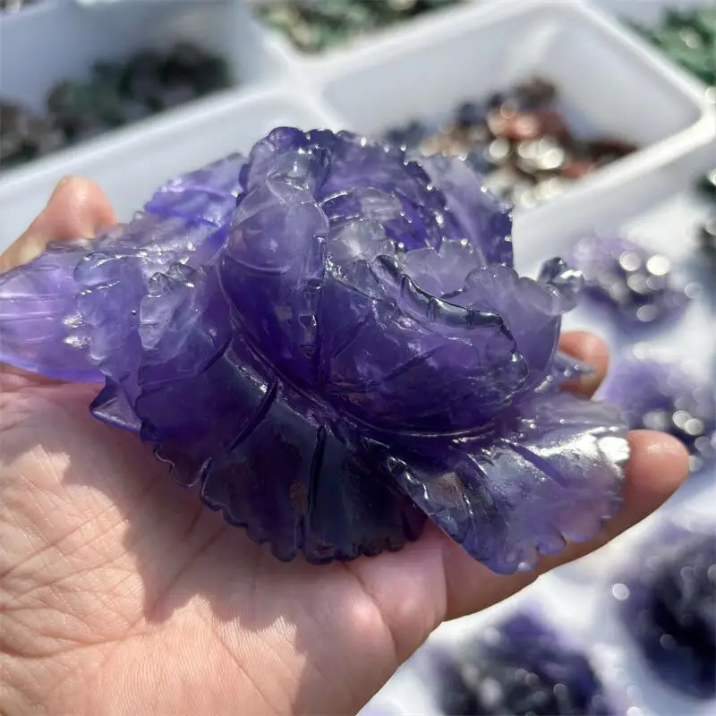 Natural Purple Fluorite Flower Carving Crystal Love Healing Fengshui Gemstones HomeDecoration Holiday Gift 1PCS