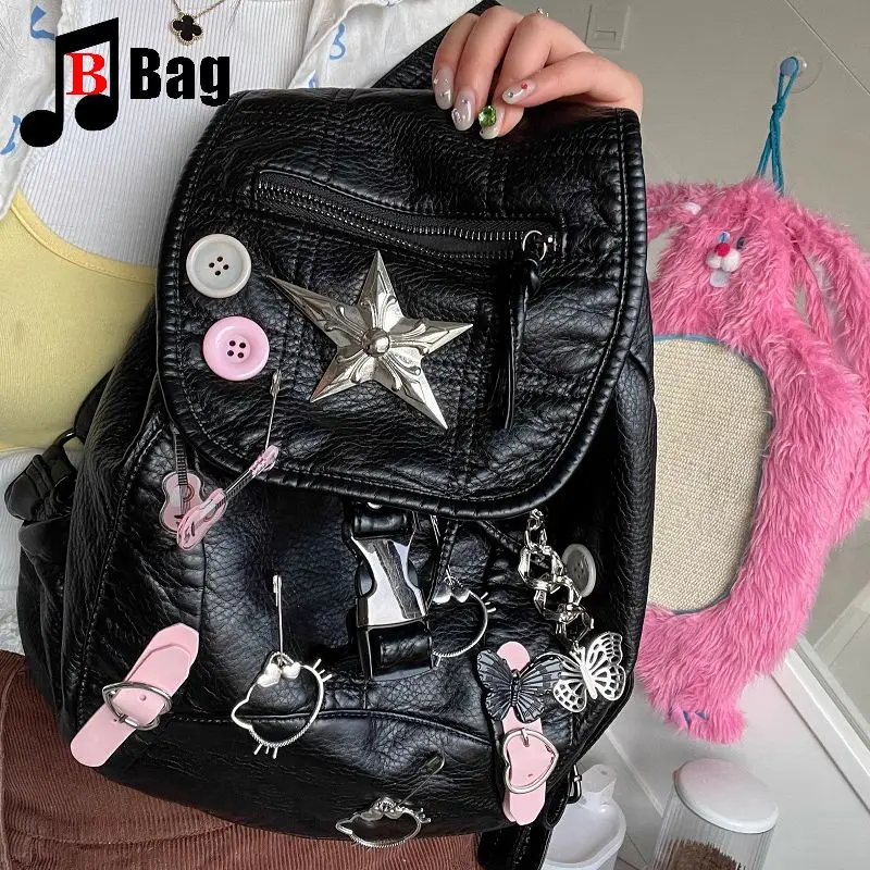 

Y2K Gothic Women's Girls Punk Handbags Harajuku Colored Metal Drawstring Retro Soft Leather Motorcycle Cool Backpack Bag Totes