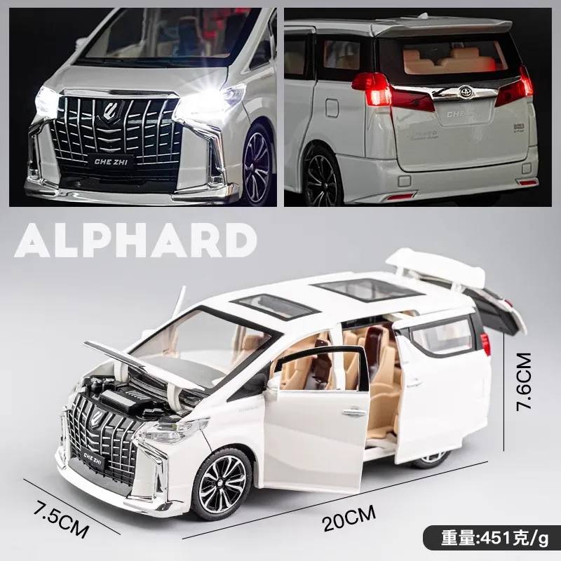 รถโมเดลของเล่น1:24ของ Toyota Alphard MPV ทำจากโลหะอัลลอยด์รถของเล่นแบบมีเสียงและไฟถอยหลังสำหรับเป็นของขวัญให้กับเด็กผู้ชาย