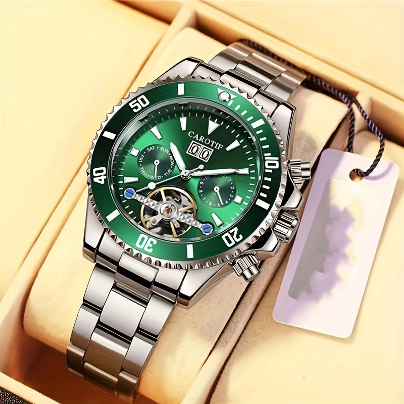 

European and American Style Green Submariner Series High-End Luxury Men's Mechanical Watch, Skeleton Design, Automatic Winding, Round Dial, Stainless Steel Strap, Calendar and Week Multi-Function Dial, High-Value Light Luxury Fashionable Casual Elegant Me
