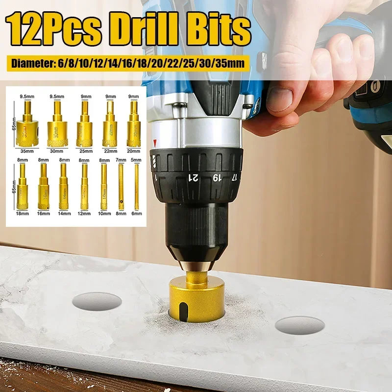 12Pcs/Set Golden Drill Bits Electric Drill Tool Accessories Hole Opener Suitable For Use Diamond, Ceramic, Tile Glass Drill Bits