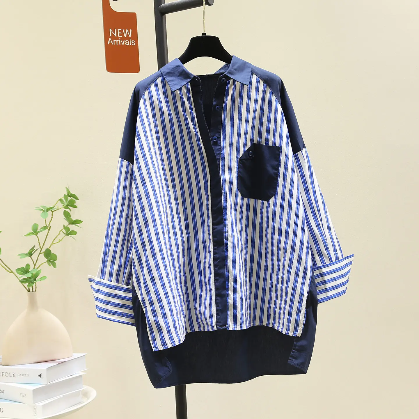 

SuperAen Retro Patchwork Striped Long-sleeved Loose-fitting Casual Shirt for Women Spring New Single-breasted Shirts