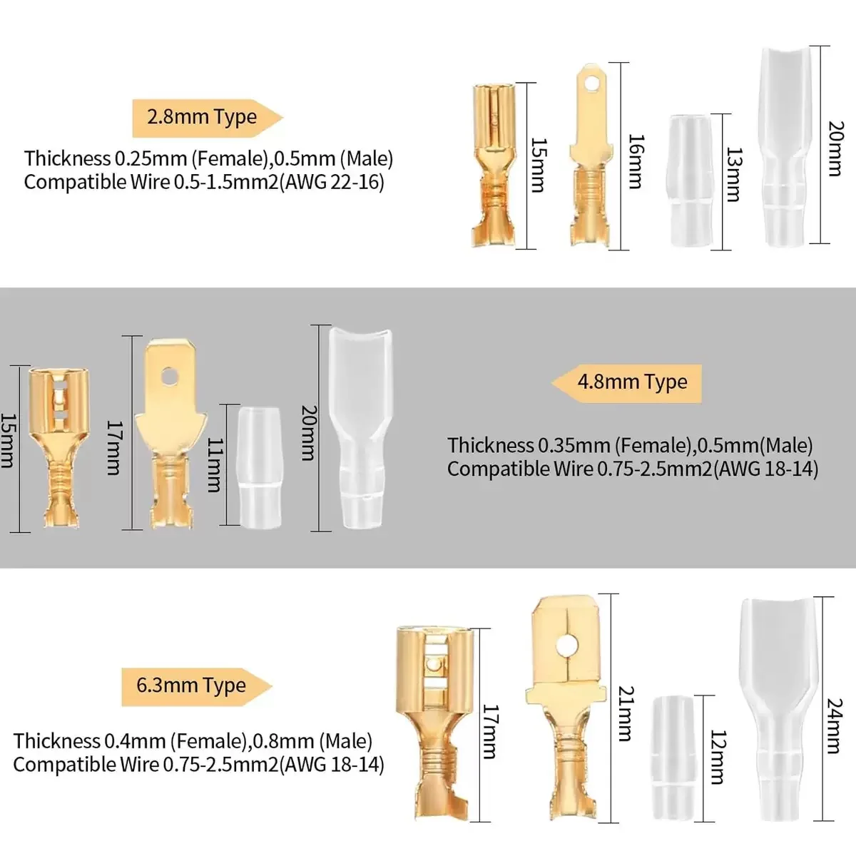 480PCS 2.8mm 4.8mm 6.3mm Male and Female Spade Connectors Kit Insulating Sleeve Crimp Connectors Crimp Terminals Electrical