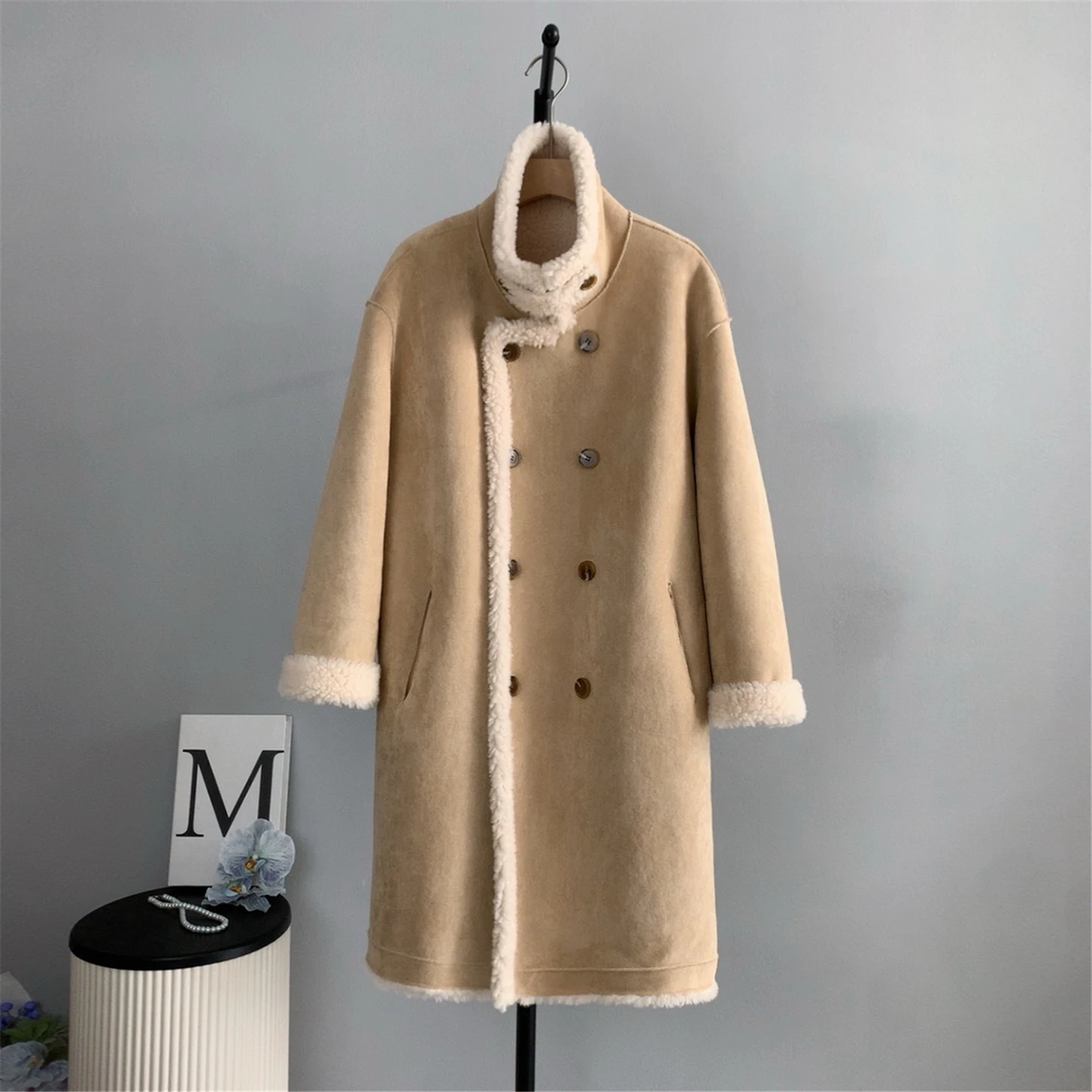 

Double Sided Wear Suede Overcoats Solid Color Double Breasted Cashmere Jacket Fashion High Neck Warm Fur Integrated Outerwears