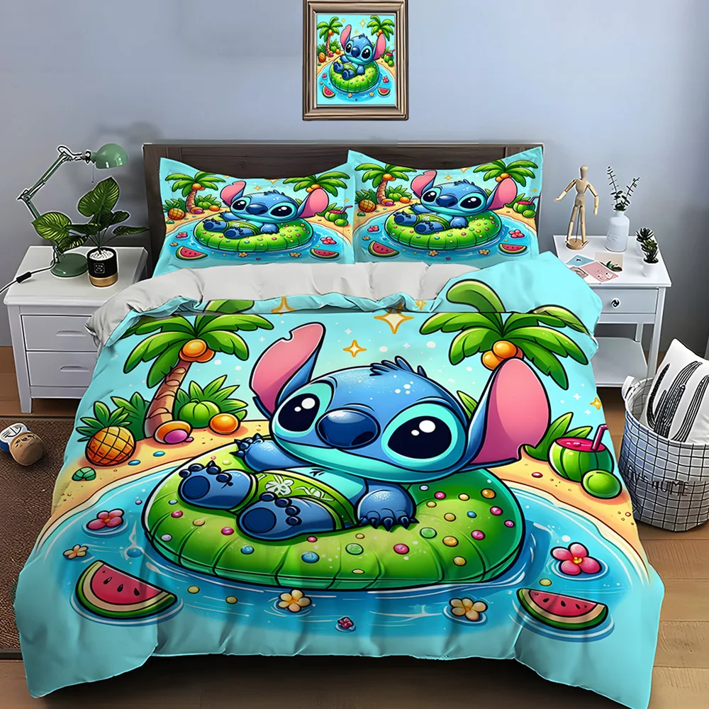 10 Sizes Disney Stitch Print Bedding Set 3 Pieces Setting Bed King Size Pillowcase Adult Bed Cover Bedroom Bed Set for Gifts