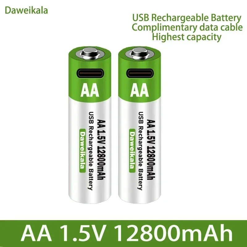 2025 New AA 1.5V  Li-ion Battery 12800mAh USB Rechargeable Battery for Remote Control Mouse Electric Toy Battery + Type-C Cable