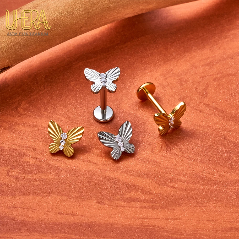 G23 ASTM F136 Titan Labret Stud mit Schmetterlings-Mond-Top und Baguette-Zirkonia, Innengewinde, für Knorpel-, Ohr-, Lippen- und Körperpiercings – Detail 8