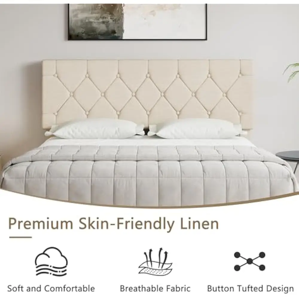Estrutura de cama queen size com cabeceira tufada de botão, plataforma com suporte de ripas de madeira, sem necessidade de molas, estrutura de cama
