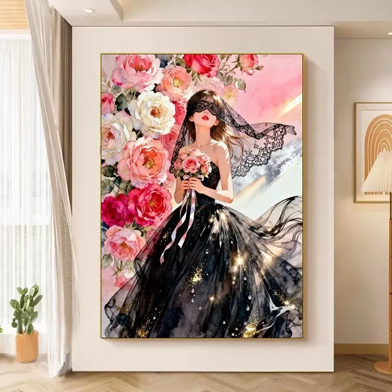 

9CT 14ct Black veil girl Printed Kit Cross Stitch Embroidery DIY Needlework Home Decor Crafts With Needles Threads 92 Colors