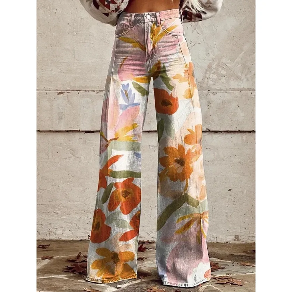 Vintage Paisley Blumenmuster Hohe Taille Weite Hose Sexy Damenhose 100% Baumwolle Lässige Lockere Hose mit Taschen XXS-3XL – Detail 9