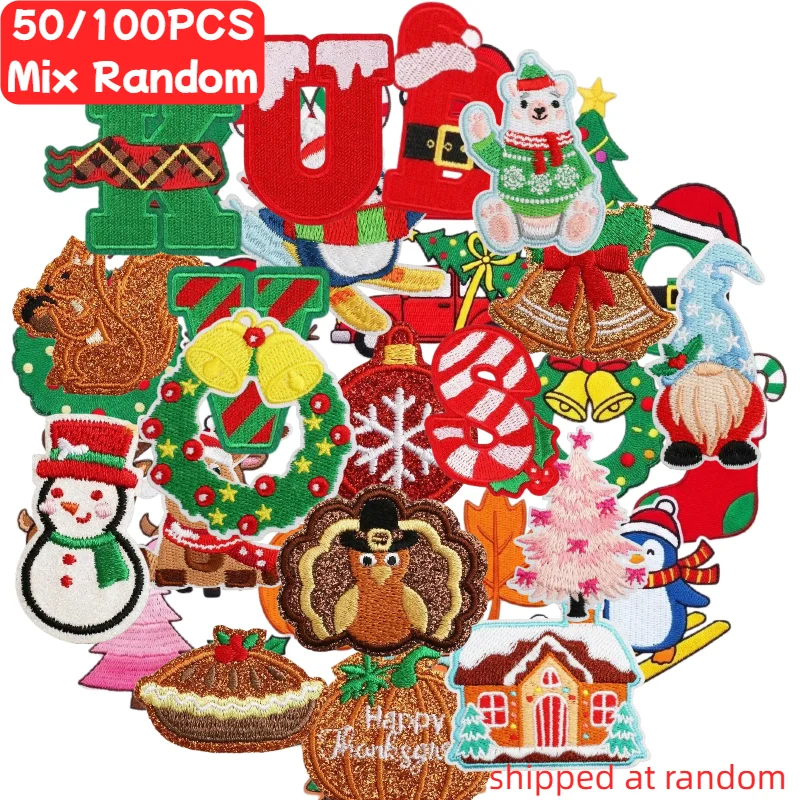 Embroidery Xmas Stocking - 50/100 unidades de parches navideños termoadhesivos,