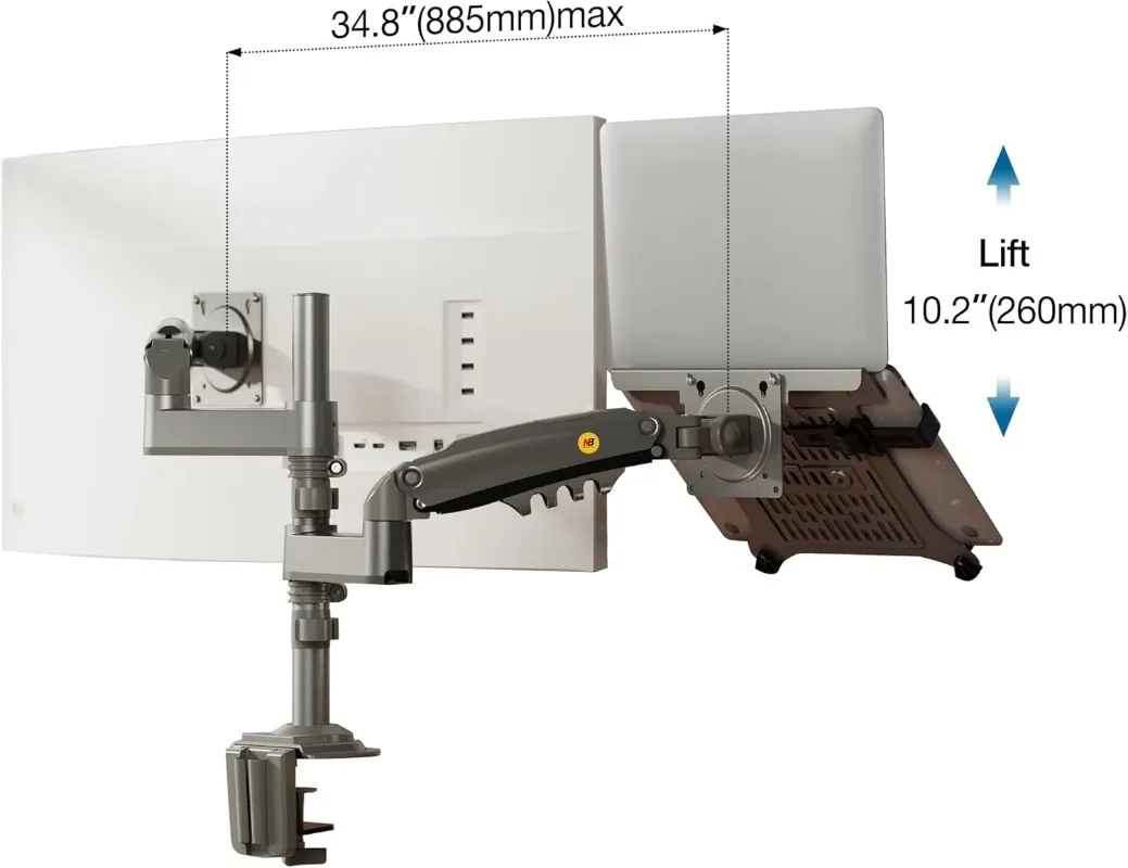 Suporte para laptop combinado 2 em 1 de braço duplo com bandeja ajustável para notebook de 10-17 '' com placa VESA para monitor de 17-27'' H180-FP