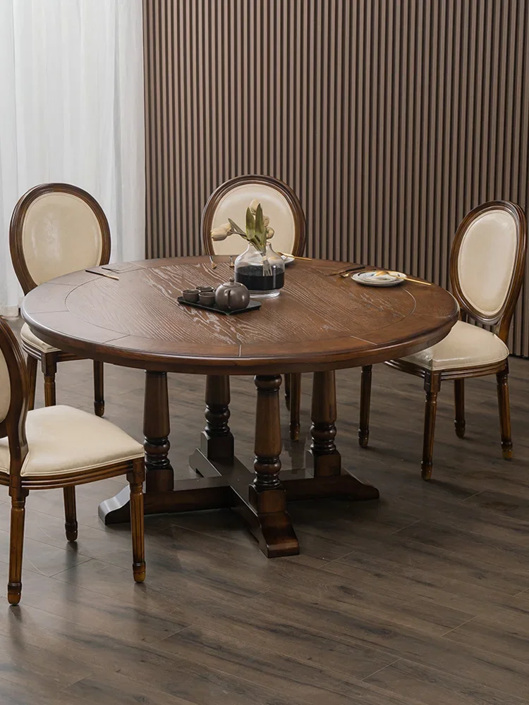 

American light luxury solid wood round table black walnut European box large round banquet household dining