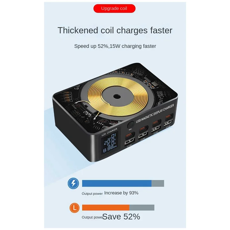 タイプCワイヤレスデスクトップ充電器,デジタルディスプレイ,急速充電,USプラグ,pd100w,qc3.0,140w