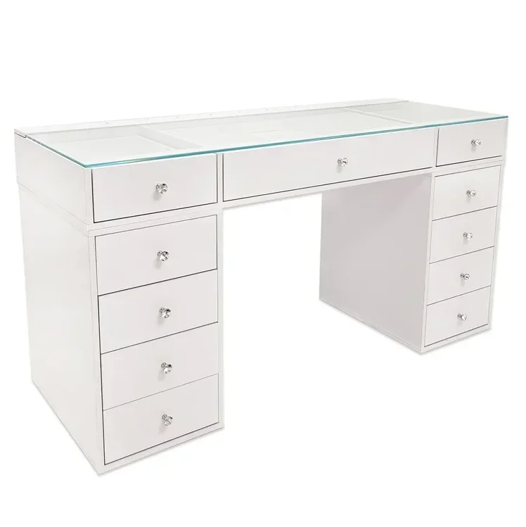 Soft-Close Drawers Dressing Table Vanity Cabinet with Mirror and Bulbs Bedroom Furniture Glass Tabletop Makeup Vanities