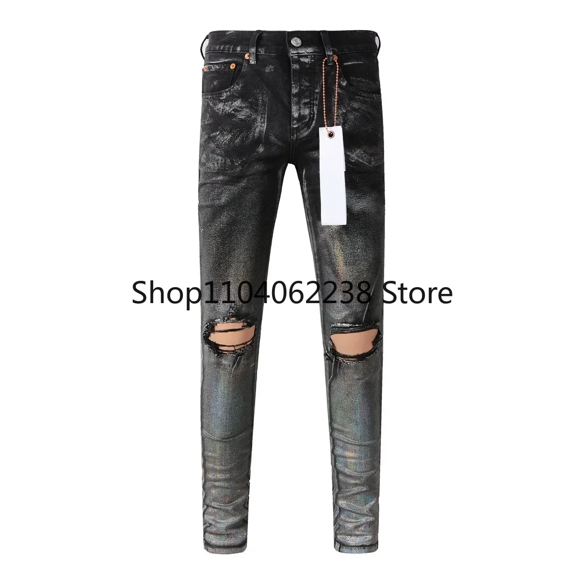 

Purples jeans Man American style high street white paint distressed Repair Low Rise Skinny Denim brand pants