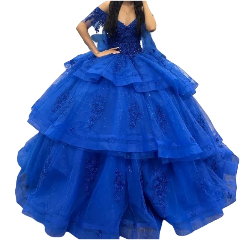 Vestido Quinceanera Azul Royal, Cap Sleeve, Lace Applique, Baile de formatura, Vestido de festa, Sweet 16, 15 anos, Imagem Real