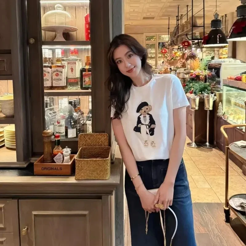 New Fashion Cartoon Panda T-shirt Women Summer Elegant O-Neck Short Sleeve Retro Embroidery Shirt Solid Color Thin Top