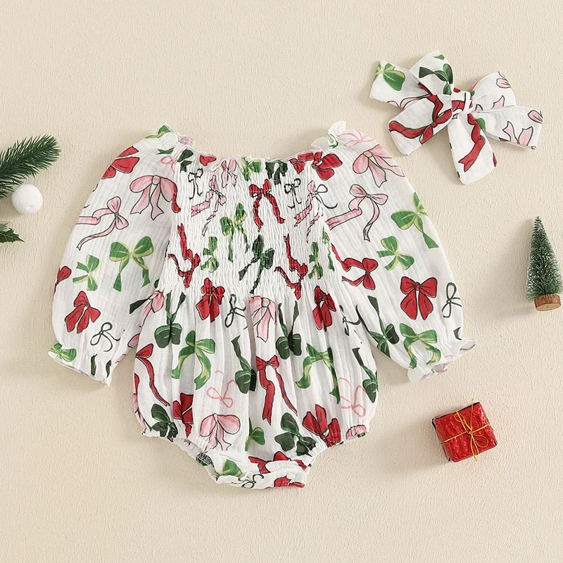 

Baby Girls Christmas Rompers Bow Print Long Puff Sleeve Cotton Linen Jumpsuits Playsuits Headband Outfits Newborn Xmas Clothes