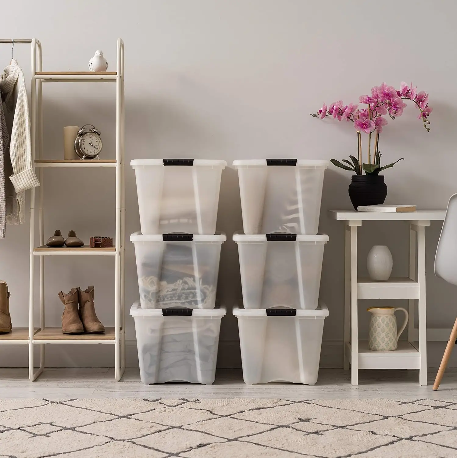 Stapelbare Kunststoff-Aufbewahrungsbehälter mit Deckel, Riegeln, langlebigen Nesting-Behältern, sicherer Zuggriff – Perle