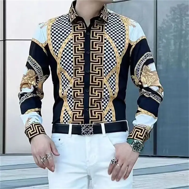 Men\'s Clothing Long Sleeve Button Up Cardigan Checkered Geometric Printing Turn-down Collar Spring Autumn Casual Boyfriend Tops