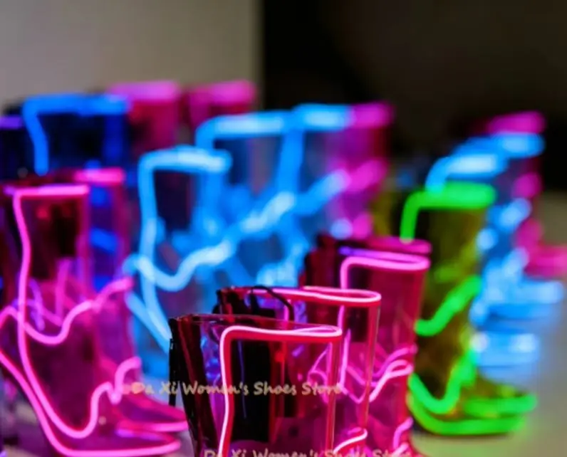 LED Light Up Clear Ankle Boots Neon Glowing Transparent PVC Block Heel Pointed Toe Boots Nightclub Stage Performance Festival