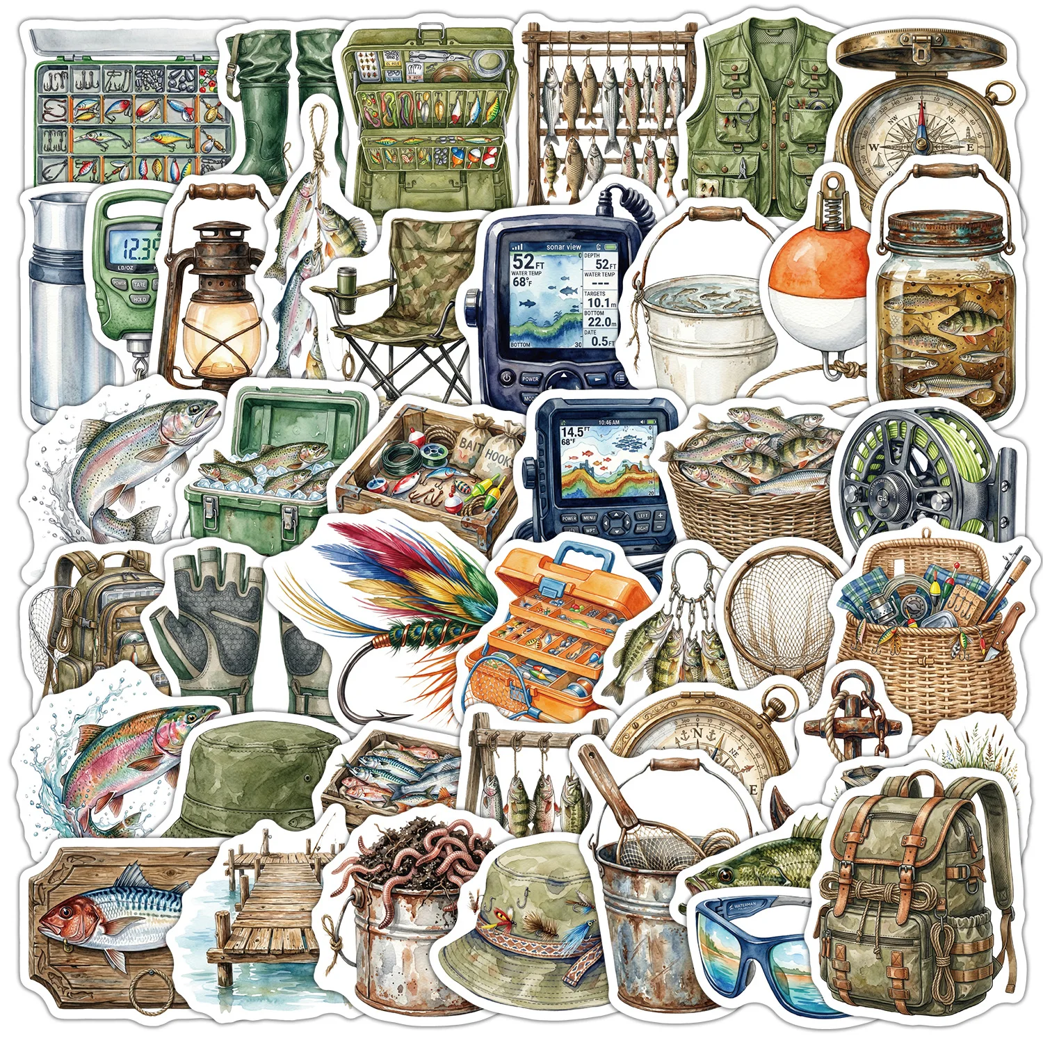 50 Pcs Watercolor Fishing‑Themed Graffiti Waterproof Stickers for Water Bottles Laptops Luggage