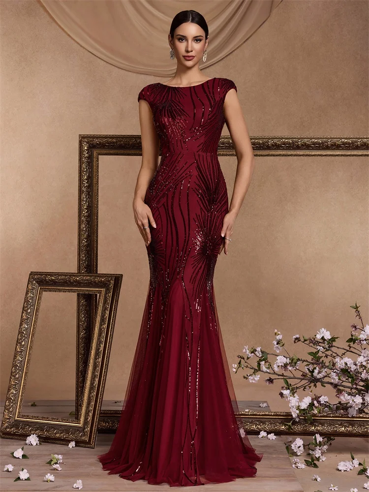 Elegant O-neck Sequins Mermaid Women Evening Dress 2025 Luxury Long Wedding Party Floor-length Prom Cocktail Graduation Gown