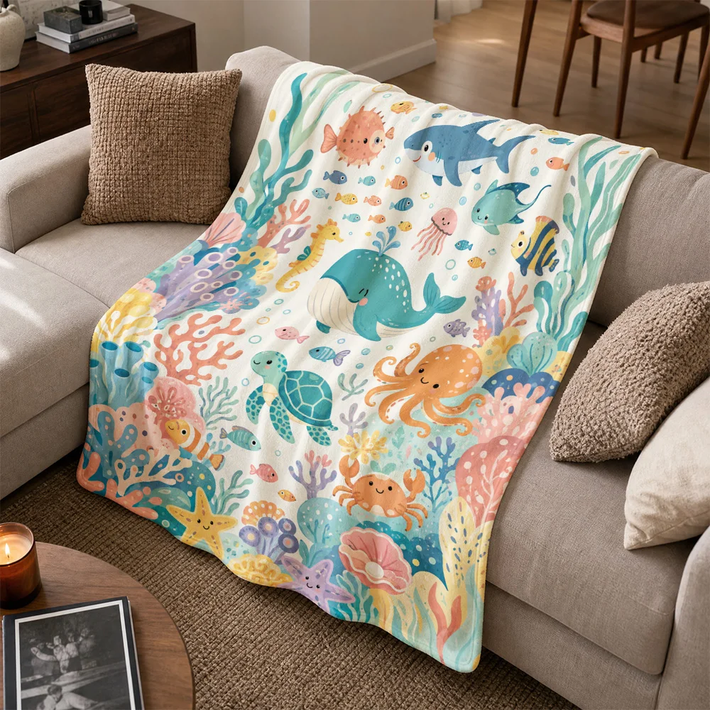 Vibrant Ocean Life Coral Reef Throw Blanket, Tropical Sea Creature Sofa Throw for Beach Decor Kids Room Home Living Room Cozy Bl