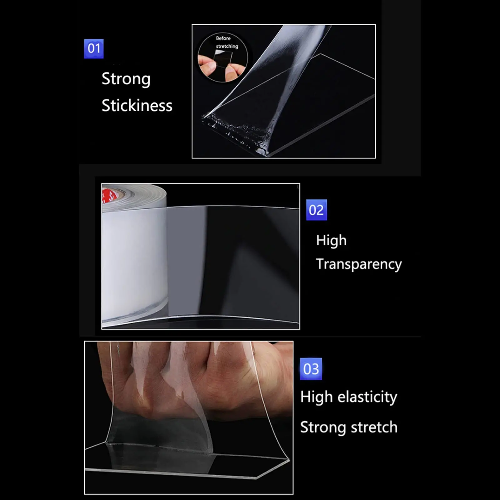 1/3/5 m doppelseitiges Klebeband, wiederverwendbares, stark klebendes, transparentes Klebeband, wasserdichte Wandaufkleber für Paste-Artikel, Dekoration, Nano-Klebeband