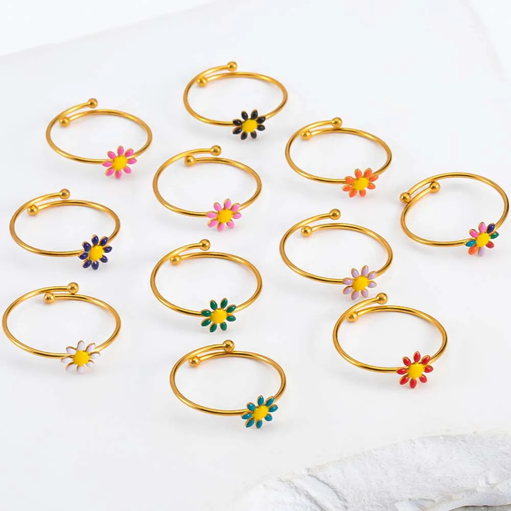 1pc Stainless Steel Drip Oil Colorful Daisy Floret Opening Adjustable  Ring Base Finger Ring Tray DIY Jewelry Making Supplies
