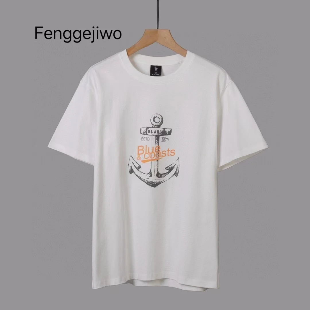 

Fenggejiwo Short sleeved T-shirt Combed Cotton Wash Half sleeved T-shirt Boat Anchor Pattern Couple Style