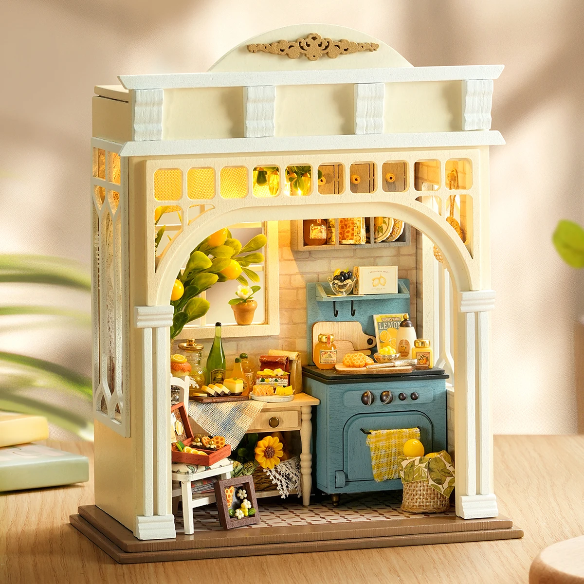 

DIY Wooden Sunshine Season Book Nook Shelf Insert Kits Miniature Model Kit With Lights Flower House Bookend for Friends Gifts
