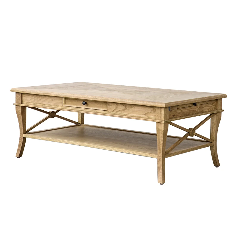 

American country retro old oak carved parquet log edge few with baffle double coffee side table