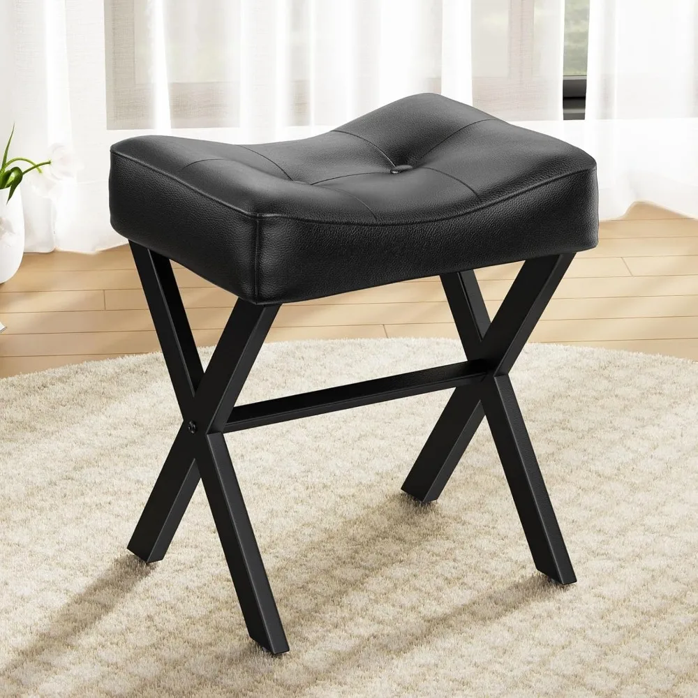 Black Leather Vanity Chair with Metal X-Leg and Padded Saddle Seat, 18-Inch Ottoman Stool