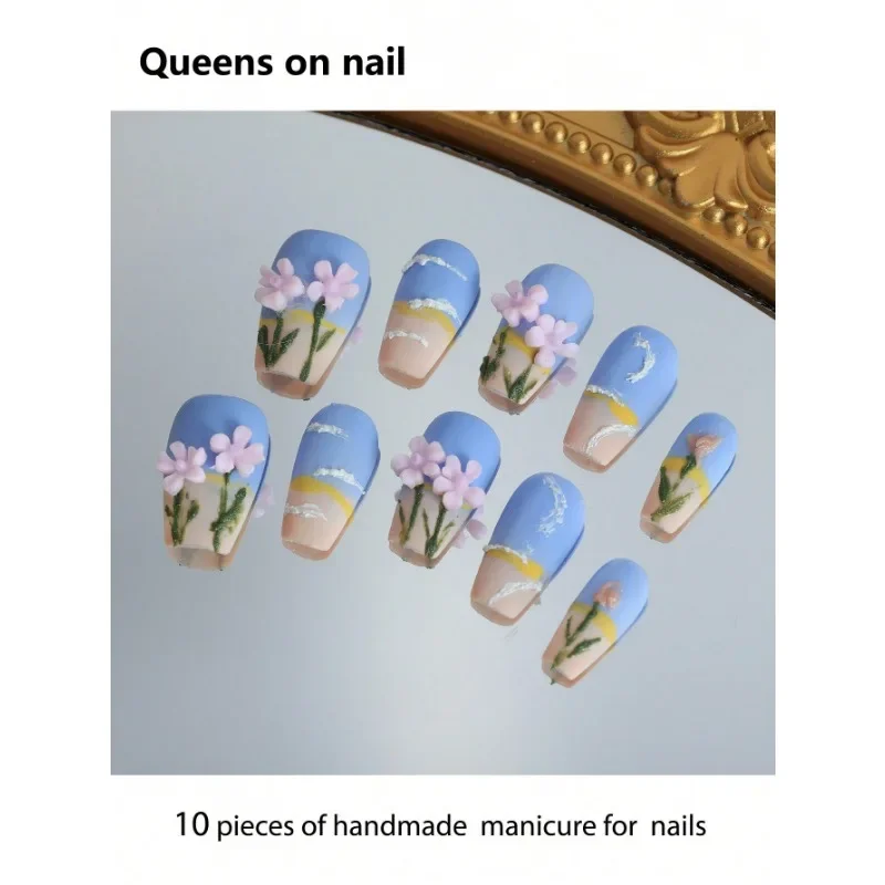 

10 PCS Handmade press on Nails Hand Painted Sky Clouds/Flowers Decoration Graduation Season Gift Symbol Of Friendship