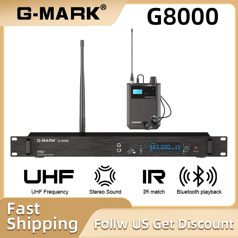 

Wireless Stage Return G-MARK G8000 Stereo UHF In-Ear Monitor System Metal Body 500-590Mhz For Stage Studio Band Performance