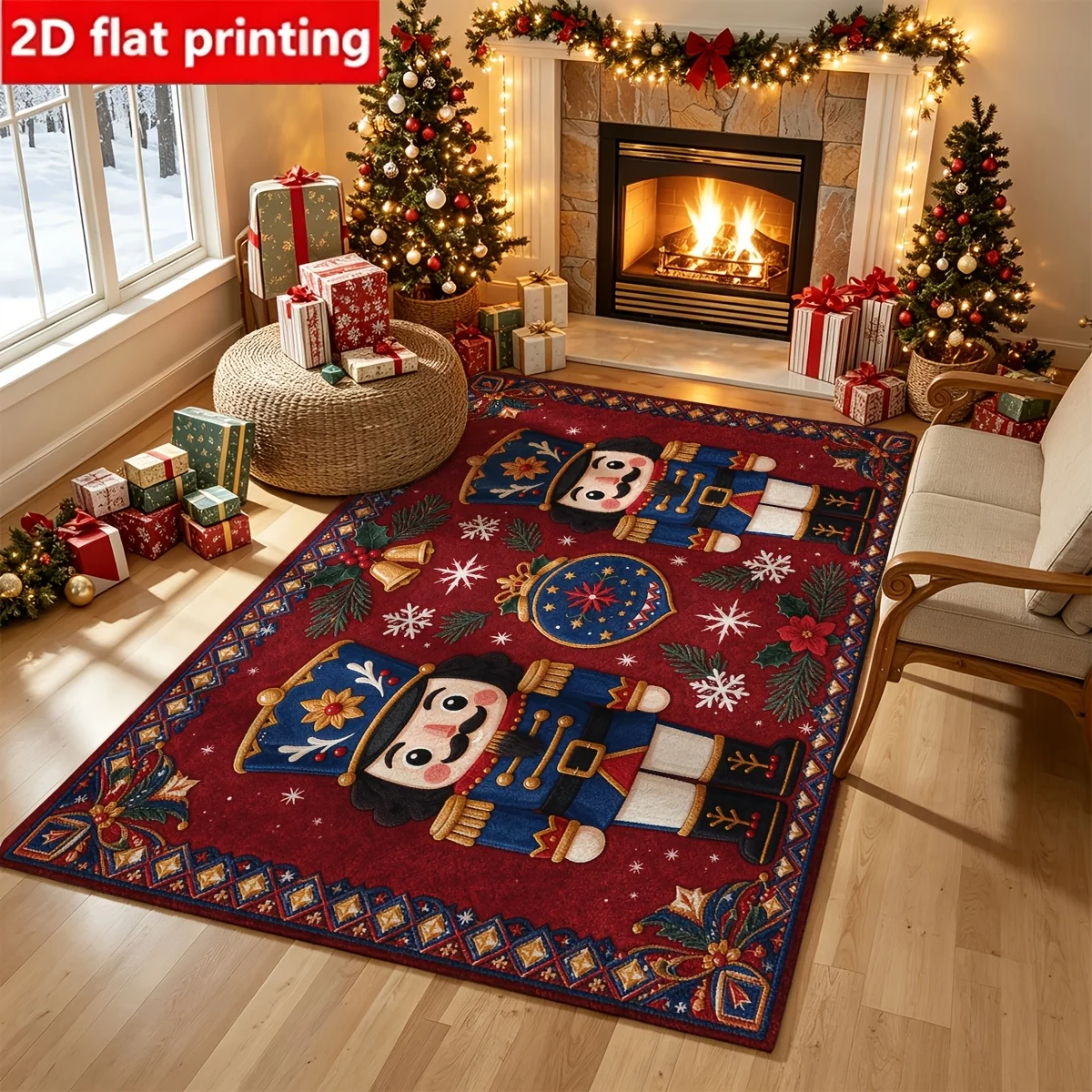1pc 2D Flat Nutcracker Snowflake Bell Christmas Printed Floor Mat, Decorative Rug for Living Room, Bedroom, Home