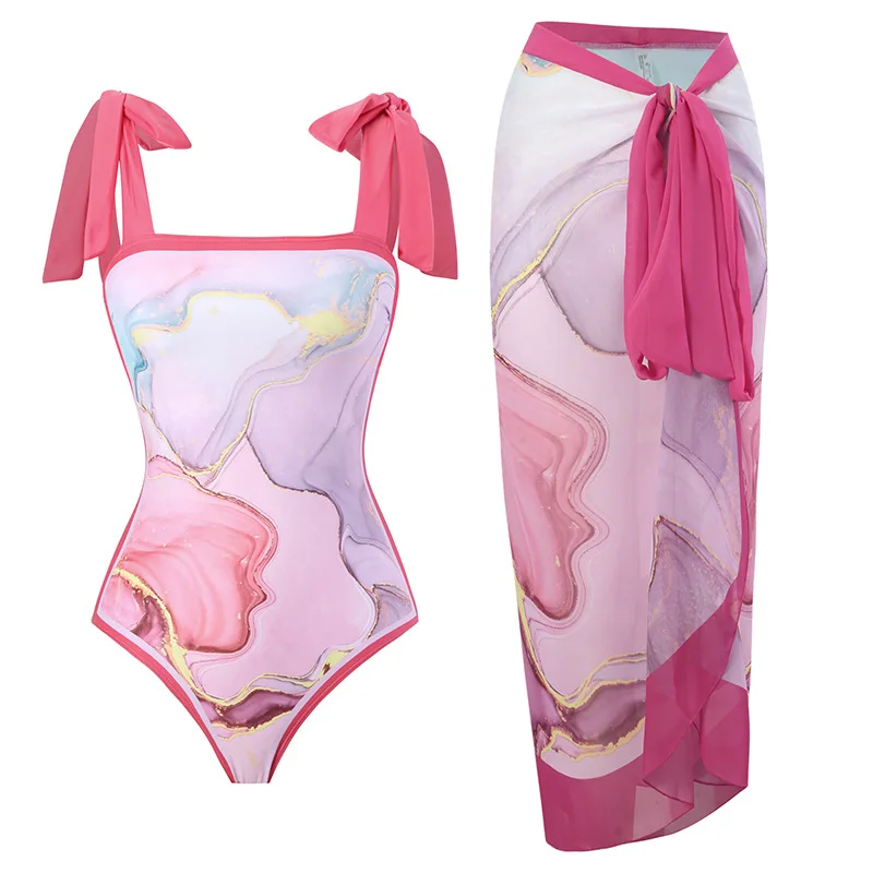 

Resort Style New Women's Swimsuit Digital Print Multi-color One-piece Sunscreen Chiffon Skirt