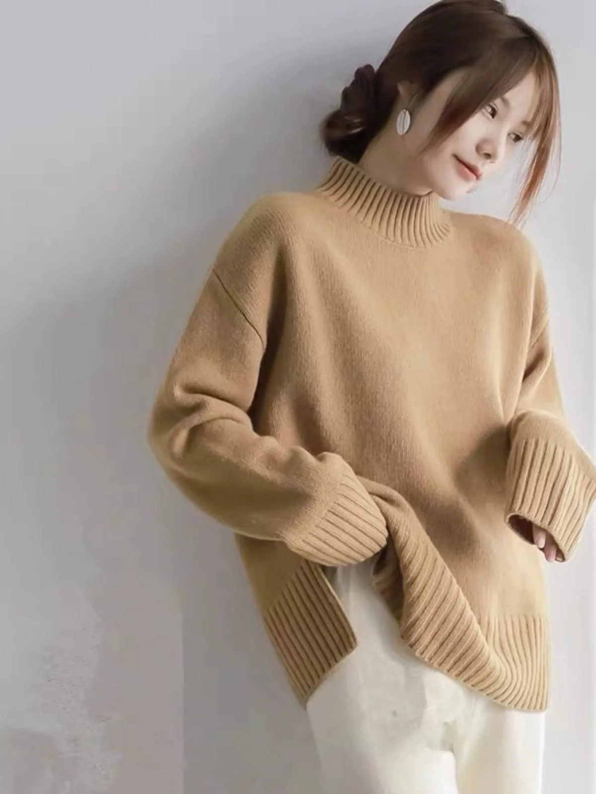 European100% pure cashmere sweater women's half turtleneck slit short sweater lazy loose knit base shirt 2023 autumn and winter