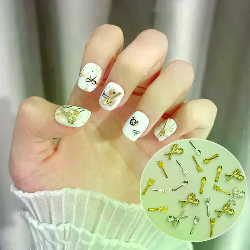 6-roosters/doos mix goud zilver mini-vorken lepels servies legering nail art strass decoraties manicure genezen bedels accessoires