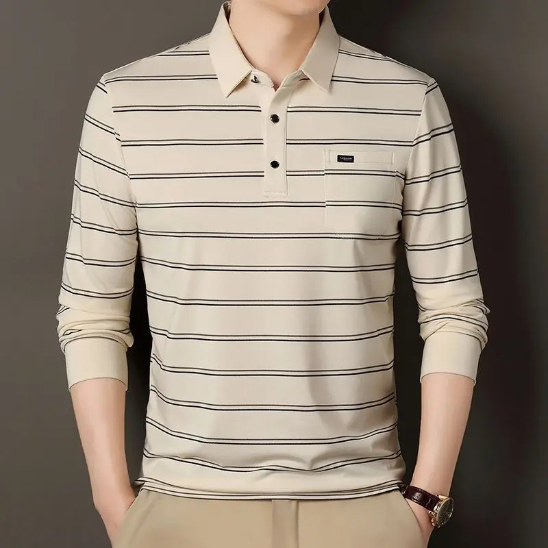 Men's Striped Long Sleeve Polo Shirt Spring Autumn Lapel Real Pocket Casual Business T Shirts For Middle Aged Dad
