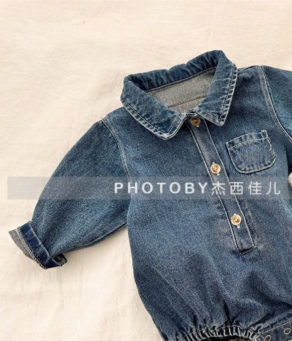 Childrens Autumn Winter Denim Rompers 2025 New Korean Fashion Casual Daily Boys Girls Turn-down Collar Bodysuits