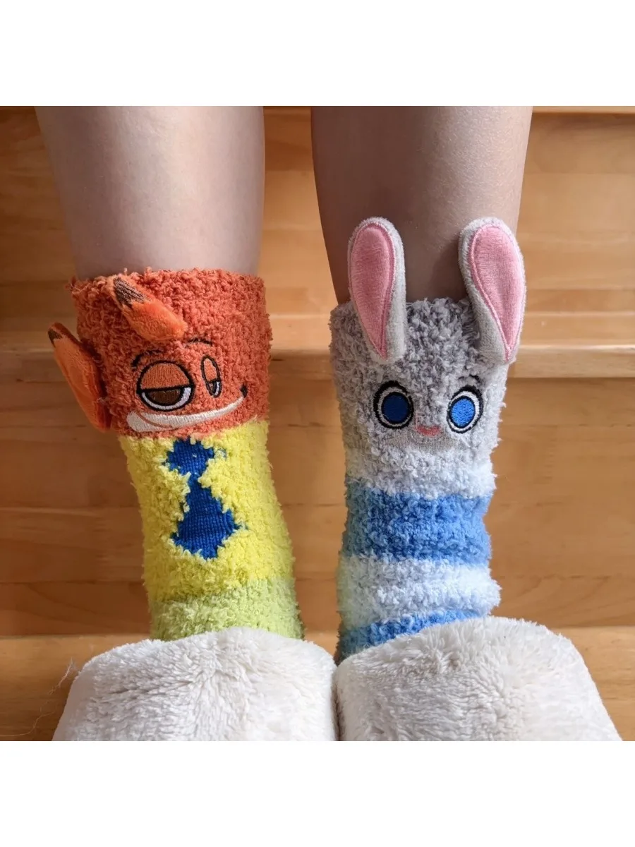 Zootopia chaussettes Judy Nick hiver corail polaire chaussettes garçon fille dessin animé HomeSock mignon chaud chaussette sommeil Midtube polaire chaussettes cadeau de noël