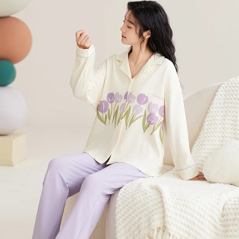 Purple Tulip Pajamas Set Women Sleepwear Cotton Long Sleeves Long Pants Autumn Winter Girl Pyjamas Soft Pijamas Cozy Button Cute