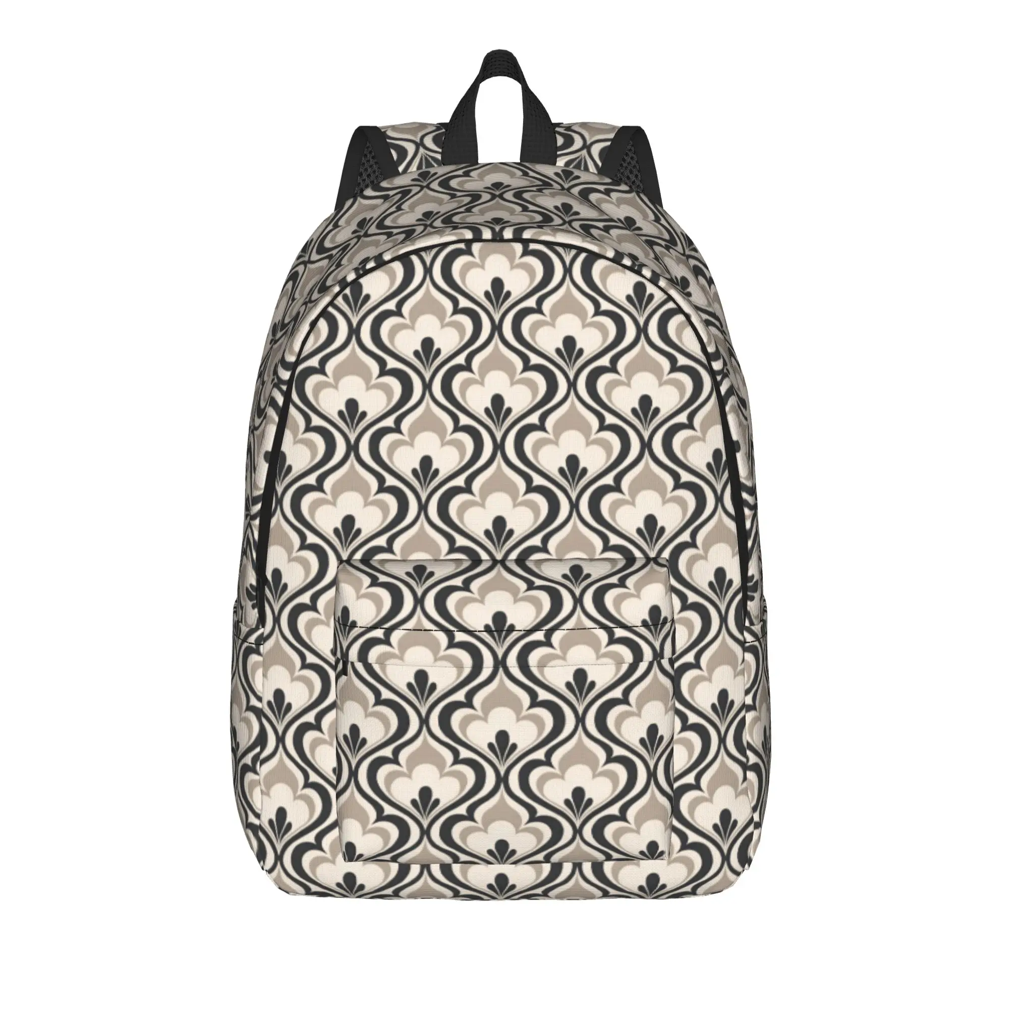 Vintage Black Cream Curved Damask Abstract Wallpaper Pattern Backpack Female  Big Backpacks Polyester Fun High School Bags