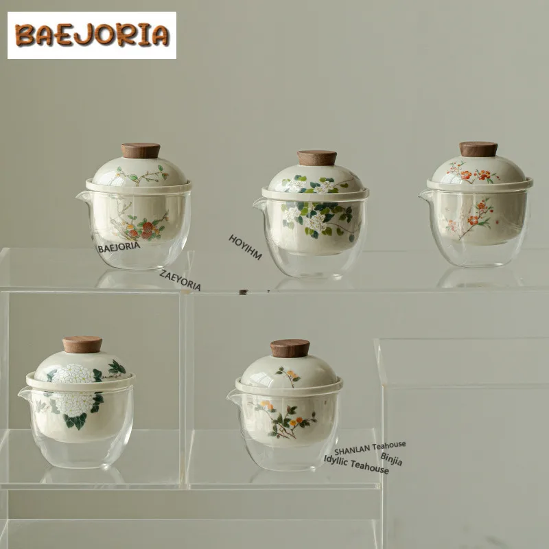 Hand Painted Flowers Ceramic Travel Tea Set Kit Traditional 1 Bowl 2 Cups Tea Maker Organizer Portable Camping Handbag Ornaments