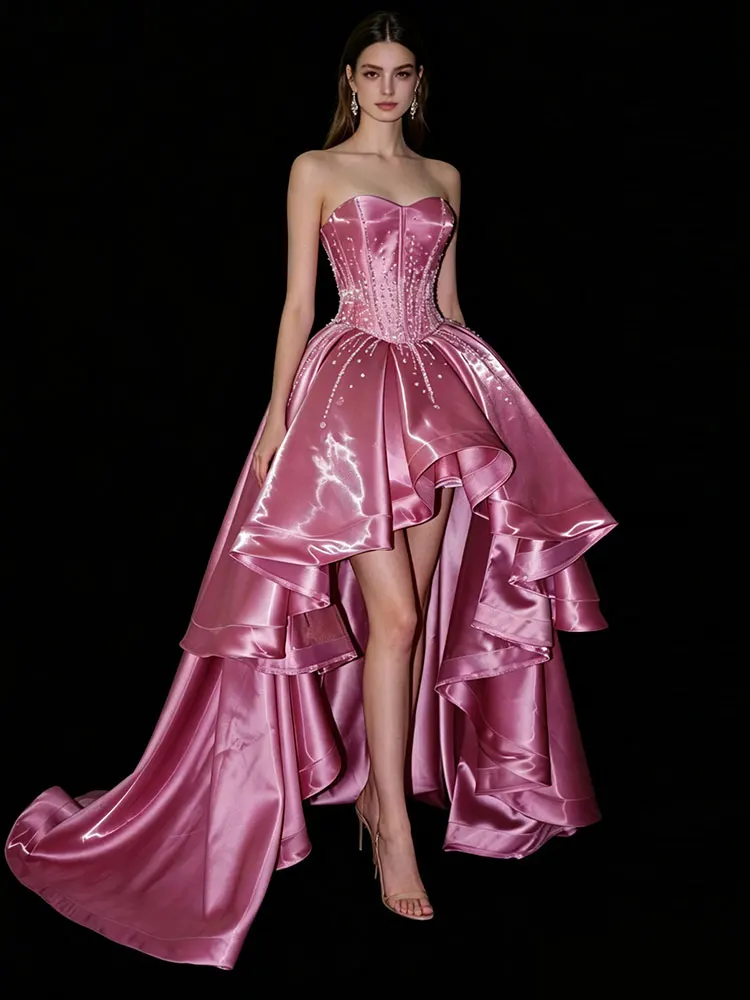 Lautaro Spring Long Luxury Sleeveless Strapless Pink RhinestoneElegant Evening Party Wedding Birthday Prom Dress for Women Dress